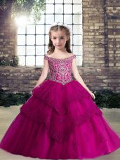 Off The Shoulder Sleeveless Lace Up Pageant Gowns For Girls Fuchsia Tulle