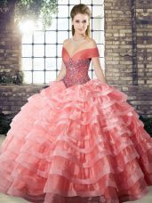 Captivating Watermelon Red Sleeveless Organza Brush Train Lace Up Sweet 16 Quinceanera Dress for Military Ball and Sweet 16 and Quinceanera