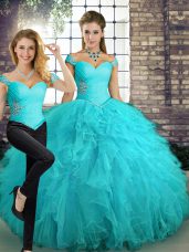 Attractive Sleeveless Tulle Floor Length Lace Up Sweet 16 Quinceanera Dress in Aqua Blue with Beading and Ruffles