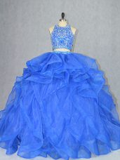 Smart Blue Two Pieces Beading and Ruffles Quinceanera Gowns Backless Organza Sleeveless