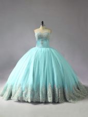 Edgy Court Train Ball Gowns Vestidos de Quinceanera Blue Sweetheart Tulle Sleeveless Lace Up