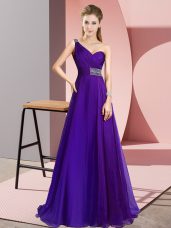 Adorable Purple Chiffon Criss Cross Evening Dress Sleeveless Brush Train Beading