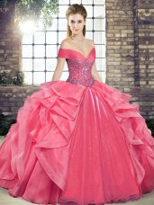 Admirable Organza Off The Shoulder Sleeveless Lace Up Beading and Ruffles 15th Birthday Dress in Coral Red