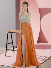 Modern Orange V-neck Zipper Beading Evening Dress Sweep Train Sleeveless