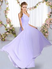 High End Lavender Empire Chiffon One Shoulder Sleeveless Ruching Floor Length Lace Up Bridesmaids Dress