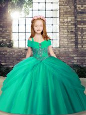 Latest Floor Length Turquoise Little Girls Pageant Dress Tulle Sleeveless Beading