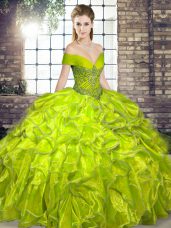 Modest Organza Off The Shoulder Sleeveless Lace Up Beading and Ruffles Sweet 16 Dress in Olive Green
