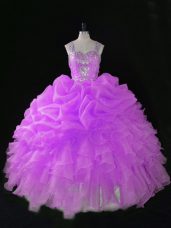 Popular Lilac Organza Zipper Straps Sleeveless Floor Length Quinceanera Dress Sequins and Pick Ups