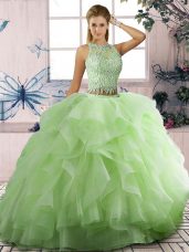 Spectacular Yellow Green Tulle Lace Up Scoop Sleeveless Floor Length Sweet 16 Dress Beading and Ruffles