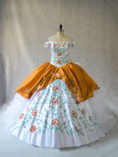High End Floor Length Gold Quinceanera Dress Organza Sleeveless Embroidery and Ruffles
