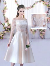 Classical Champagne Off The Shoulder Neckline Lace and Belt Dama Dress Half Sleeves Lace Up