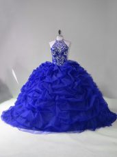 Royal Blue Quinceanera Dress Sweet 16 and Quinceanera with Beading and Pick Ups Halter Top Long Sleeves Court Train Lace Up