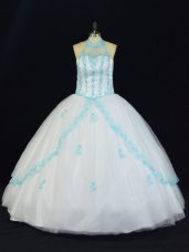 Glamorous Halter Top Sleeveless Tulle 15 Quinceanera Dress Appliques Lace Up