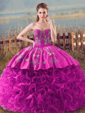 Fuchsia Lace Up Vestidos de Quinceanera Embroidery and Ruffles Sleeveless Brush Train