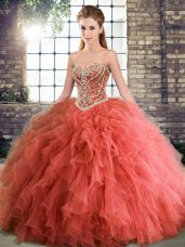 Customized Coral Red Tulle Lace Up Sweetheart Sleeveless Floor Length Vestidos de Quinceanera Beading and Ruffles