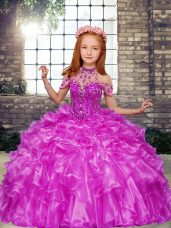 Lilac High-neck Lace Up Beading and Ruffles Little Girls Pageant Gowns Sleeveless