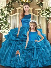 Scoop Sleeveless Sweet 16 Quinceanera Dress Floor Length Ruffles Teal Organza