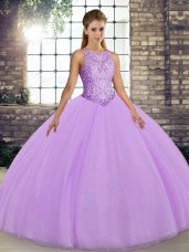 Wonderful Lavender Tulle Lace Up Quinceanera Gowns Sleeveless Floor Length Embroidery