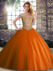 Great Orange Red Tulle Lace Up Quinceanera Gown Sleeveless Brush Train Beading