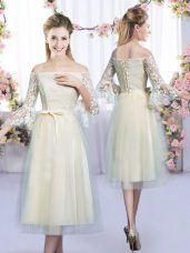 Noble Champagne Empire Lace and Bowknot Vestidos de Damas Lace Up Tulle 3 4 Length Sleeve Tea Length