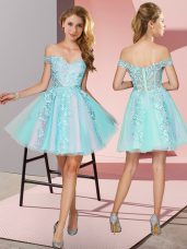 Lace Court Dresses for Sweet 16 Aqua Blue Zipper Sleeveless Mini Length