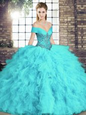 Aqua Blue Sleeveless Floor Length Beading and Ruffles Lace Up Quince Ball Gowns