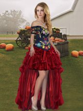 High Low Lace Up Pageant Dress Womens Wine Red for Prom and Party with Embroidery and Ruffles
