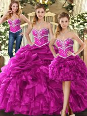 Unique Floor Length Fuchsia Sweet 16 Dresses Organza Sleeveless Beading and Ruffles