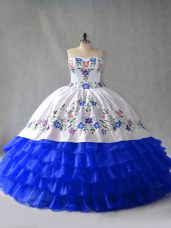 Sweetheart Sleeveless Vestidos de Quinceanera Embroidery and Ruffled Layers Royal Blue Organza