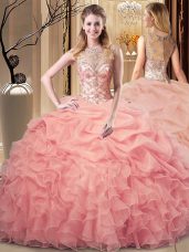 Dazzling Peach Ball Gowns Beading and Ruffles Ball Gown Prom Dress Zipper Organza Sleeveless Floor Length