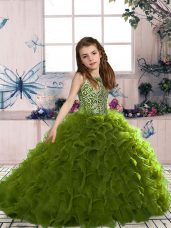 Fancy Olive Green Organza Lace Up Little Girl Pageant Gowns Sleeveless Floor Length Beading and Ruffles