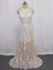 Captivating Champagne Column/Sheath Beading and Appliques Homecoming Dress Online Backless Lace Cap Sleeves