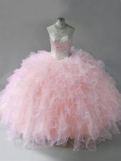 Pink Lace Up Quinceanera Dress Beading and Ruffles Sleeveless Floor Length