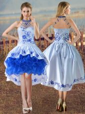 High Quality Satin and Organza Sleeveless Prom Evening Gown and Embroidery and Ruffles