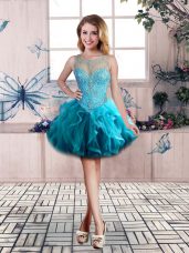 Blue Scoop Neckline Beading and Ruffles Prom Dress Sleeveless Lace Up