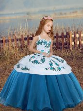 Blue Ball Gowns Straps Sleeveless Organza Floor Length Lace Up Embroidery Little Girls Pageant Dress Wholesale