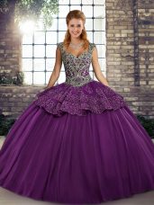 Vintage Sleeveless Lace Up Floor Length Beading and Appliques 15th Birthday Dress