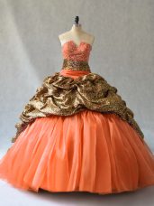 Graceful Orange V-neck Lace Up Beading and Pick Ups Quinceanera Dress Brush Train Sleeveless