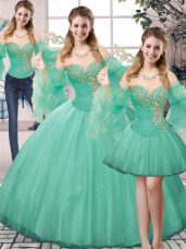 Flare Turquoise Ball Gowns Tulle Sweetheart Sleeveless Beading Floor Length Lace Up Vestidos de Quinceanera