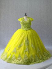 Tulle Sweetheart Sleeveless Court Train Lace Up Appliques Quince Ball Gowns in Yellow Green