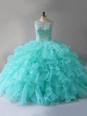 Customized Aqua Blue Sleeveless Beading and Ruffles Floor Length Quince Ball Gowns