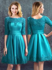Satin Half Sleeves Knee Length Bridesmaids Dress and Lace