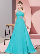 Trendy Aqua Blue Column/Sheath Beading Homecoming Dress Lace Up Sleeveless Floor Length