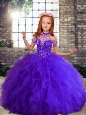 Purple Ball Gowns Beading and Ruffles Little Girls Pageant Dress Wholesale Lace Up Tulle Sleeveless Floor Length