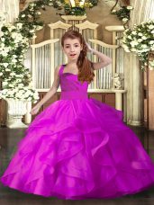 Great Straps Sleeveless Little Girls Pageant Dress Floor Length Ruffles Fuchsia Tulle