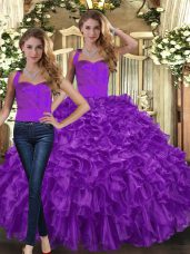 Dazzling Floor Length Purple 15 Quinceanera Dress Organza Sleeveless Ruffles