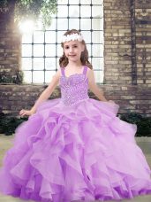 Fashionable Lavender Ball Gowns Beading and Ruffles Kids Formal Wear Lace Up Tulle Sleeveless Floor Length