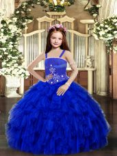 High Quality Royal Blue Straps Lace Up Beading and Ruffles Little Girls Pageant Dress Wholesale Sleeveless