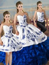 Gorgeous Blue And White Sweetheart Neckline Embroidery and Ruffles Quince Ball Gowns Sleeveless Lace Up