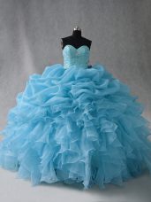 Floor Length Baby Blue Quinceanera Gowns Organza Sleeveless Beading and Ruffles and Pick Ups
